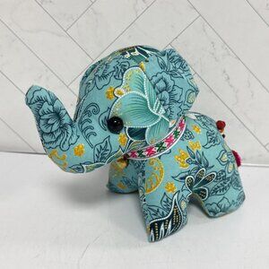 Small Blue Gold Multicolor Floral Indian Painted Elephant Plush Cute Pretty Bead
